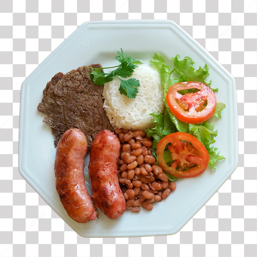 Prato de Comida Salada Linguiça Carne Carne e Arroz PNG Transparente