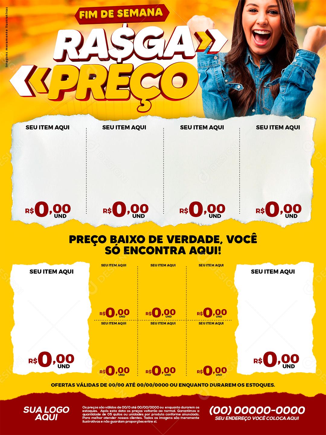 Template Encarte Supermercado Fim de Semana Rasga Preços Social Media PSD