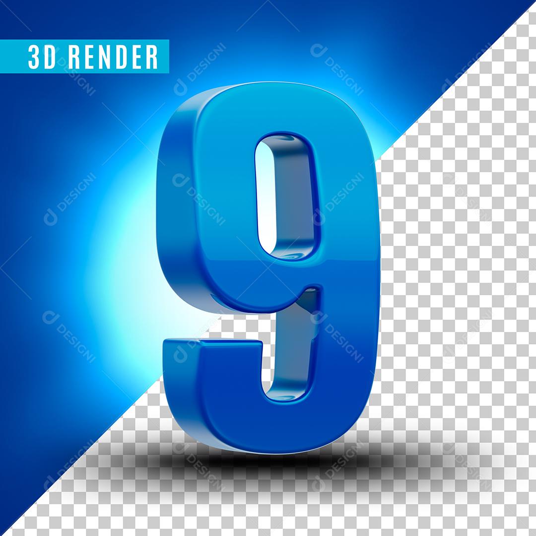Número 3D 9 Azul Para Composição PSD Editável