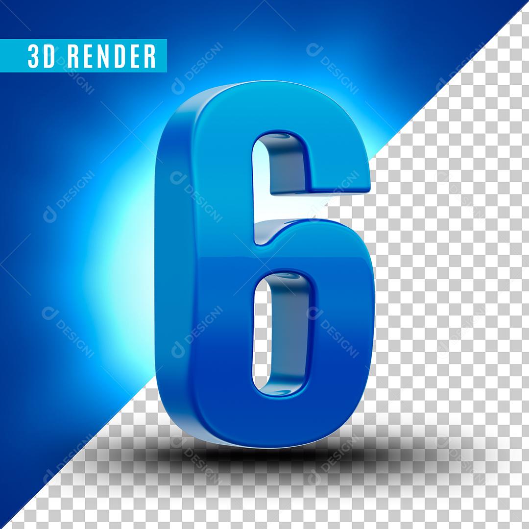 Número 3D 6 Azul Para Composição PSD Editável