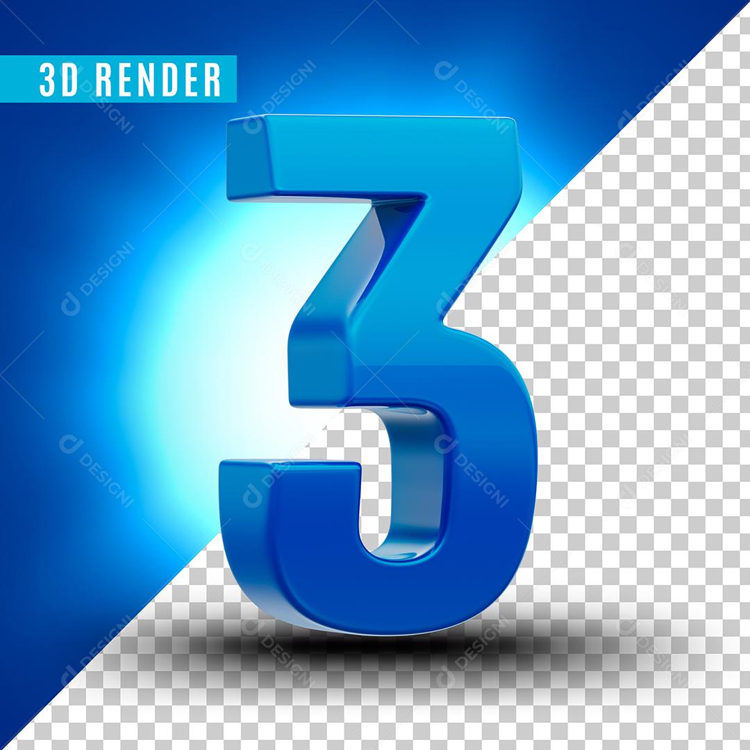 Número 3D 3 Azul Para Composição PSD Editável