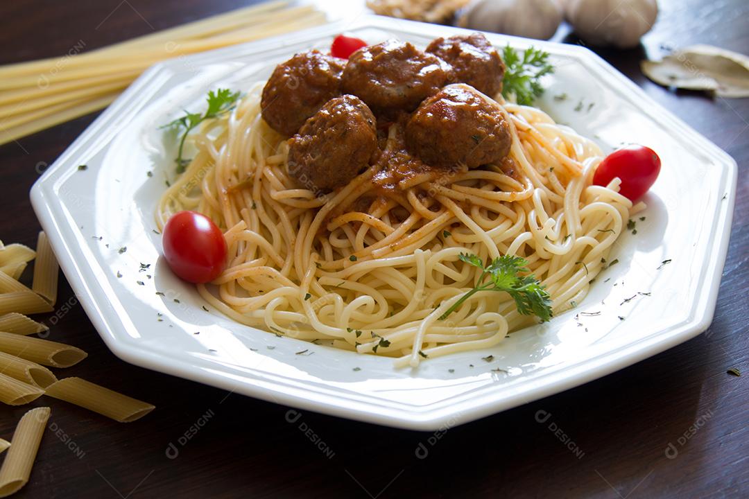 Plate of Traditional Italian Food With Pasta and Meatballs Image JPG
