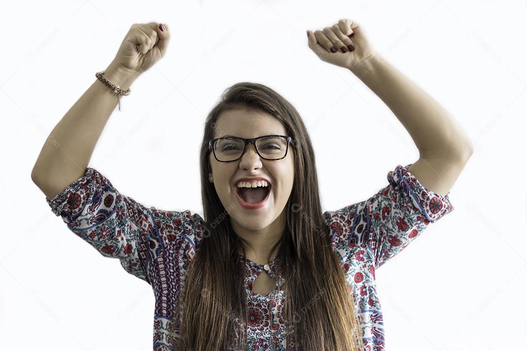 Garota Vibrando Com Fundo Branco Imagem JPG