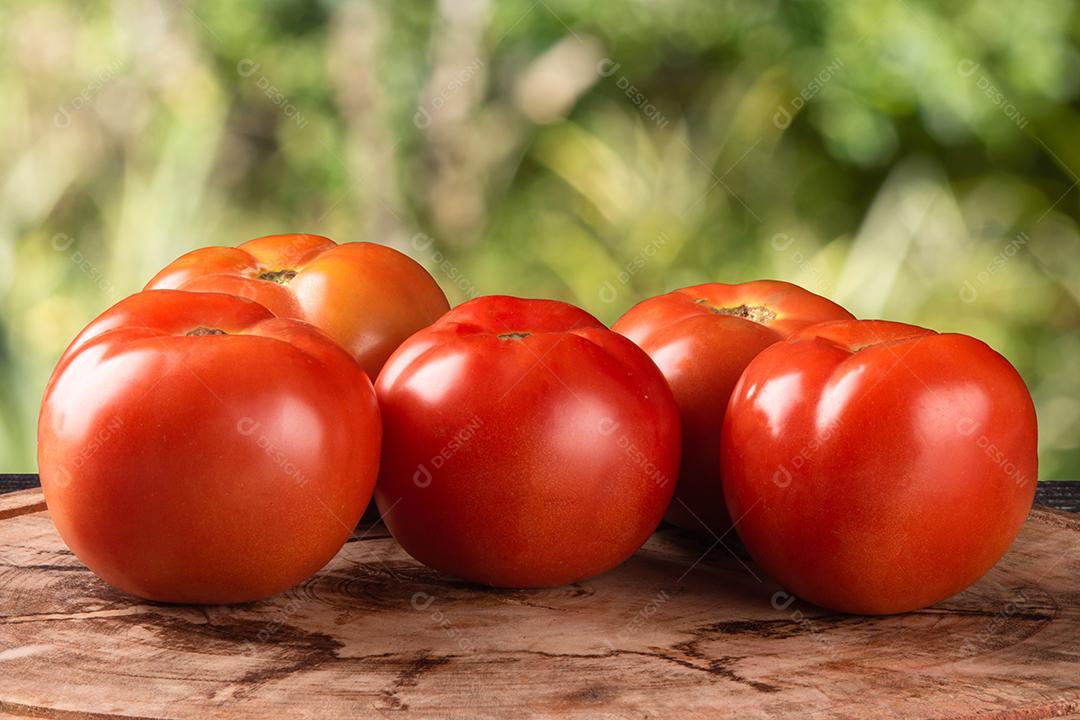 Tomates Maduros na Madeira Com Fundo Verde Turva Imagem JPG