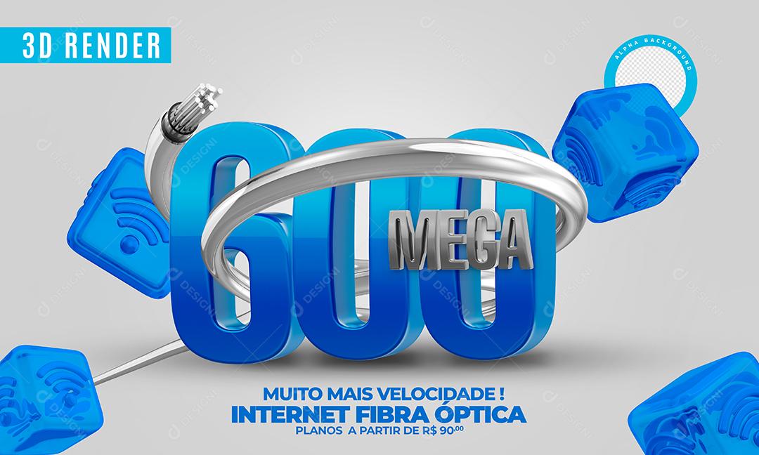 Selo 3D 600 Mega Azul Provedor de Internet Para Composição PSD Premium