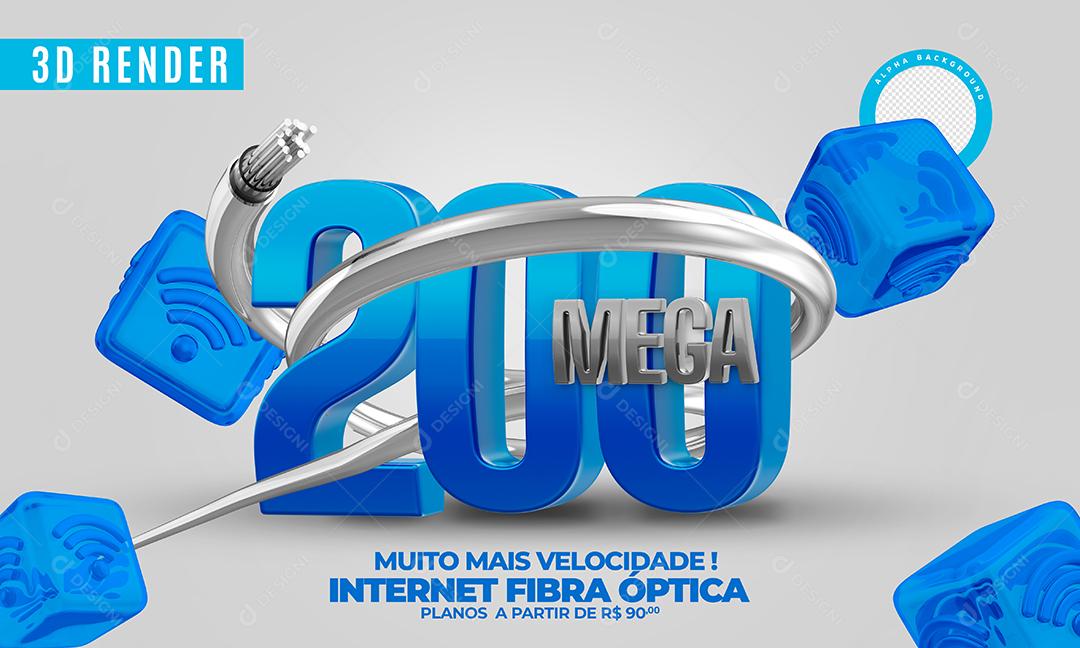 Selo 3D 200 Mega Azul Provedor de Internet Para Composição PSD Premium