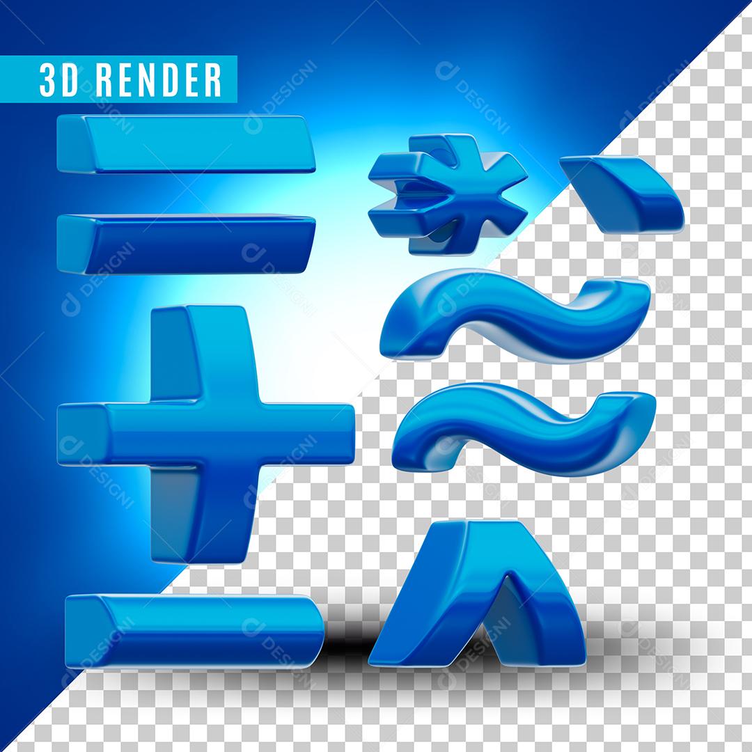 Elementos 3D Símbolos = + * `- ^  Azul Para Composição PSD Premium