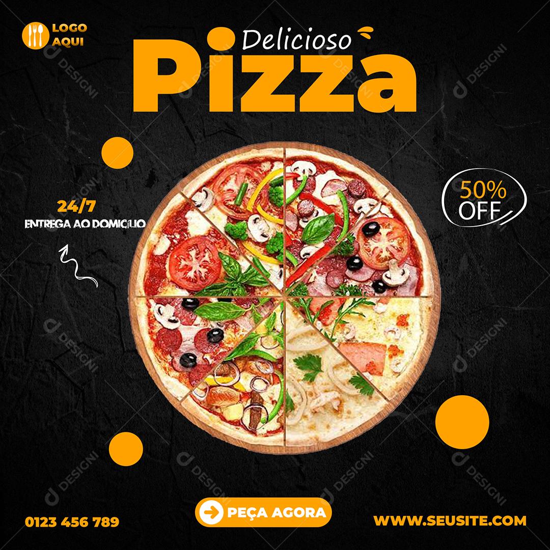 Pizza Delicioso 50% Desconto Social Media PSD Editável