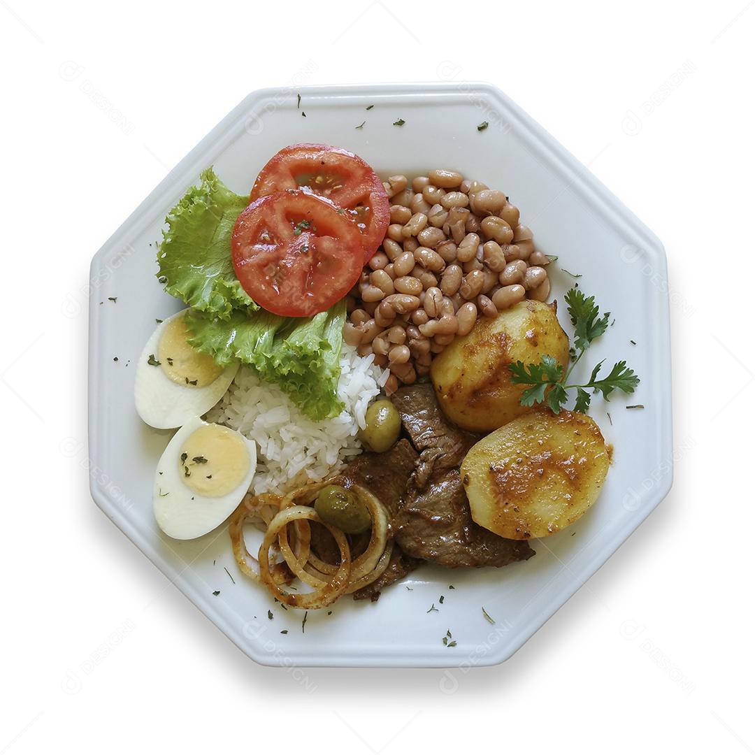 Foto Prato de Comida Brasileira Almoço Executivo Prato Feito Isolado no Fundo Branco