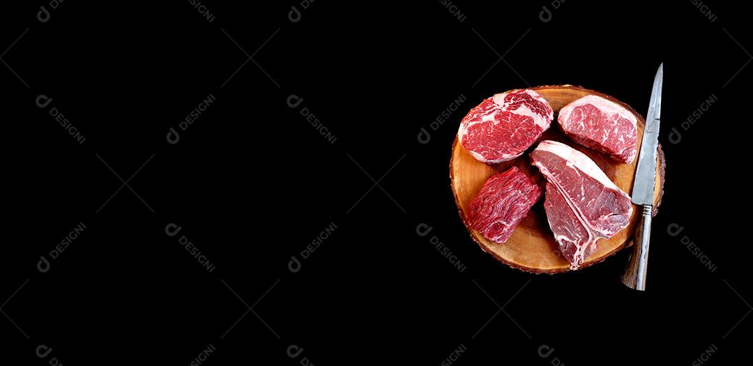 Vários Tipos de Cortes de Carne Especiais Em Fundo Preto Foto Estilo Banner Imagem JPG