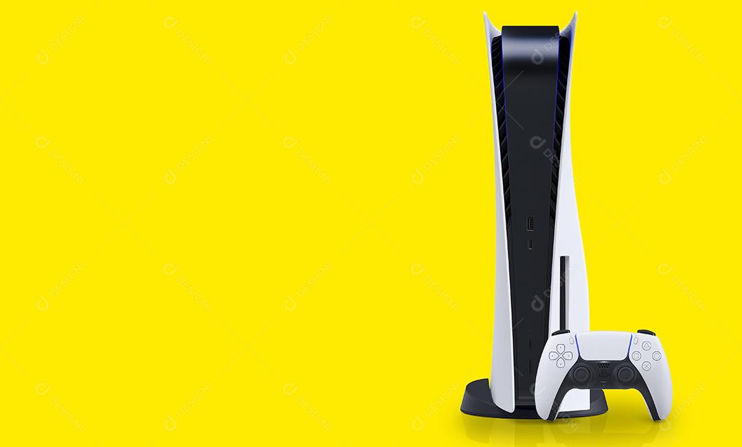 Playstation 5 e Controlador Isolado Em Fundo Amarelo Imagem JPG