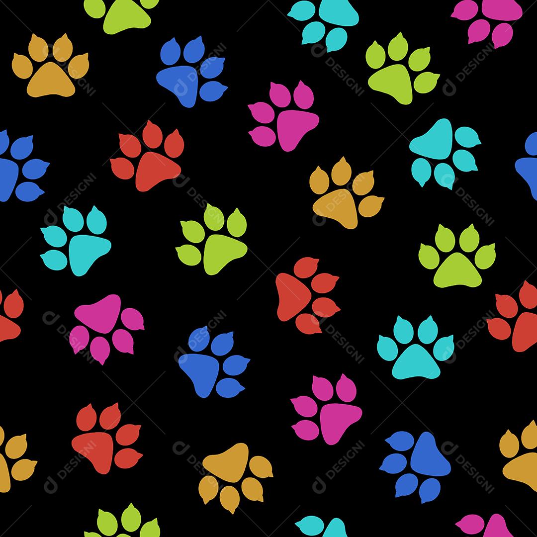 Pattern padrão patinhas de felino pegadas coloridas em fundo preto
