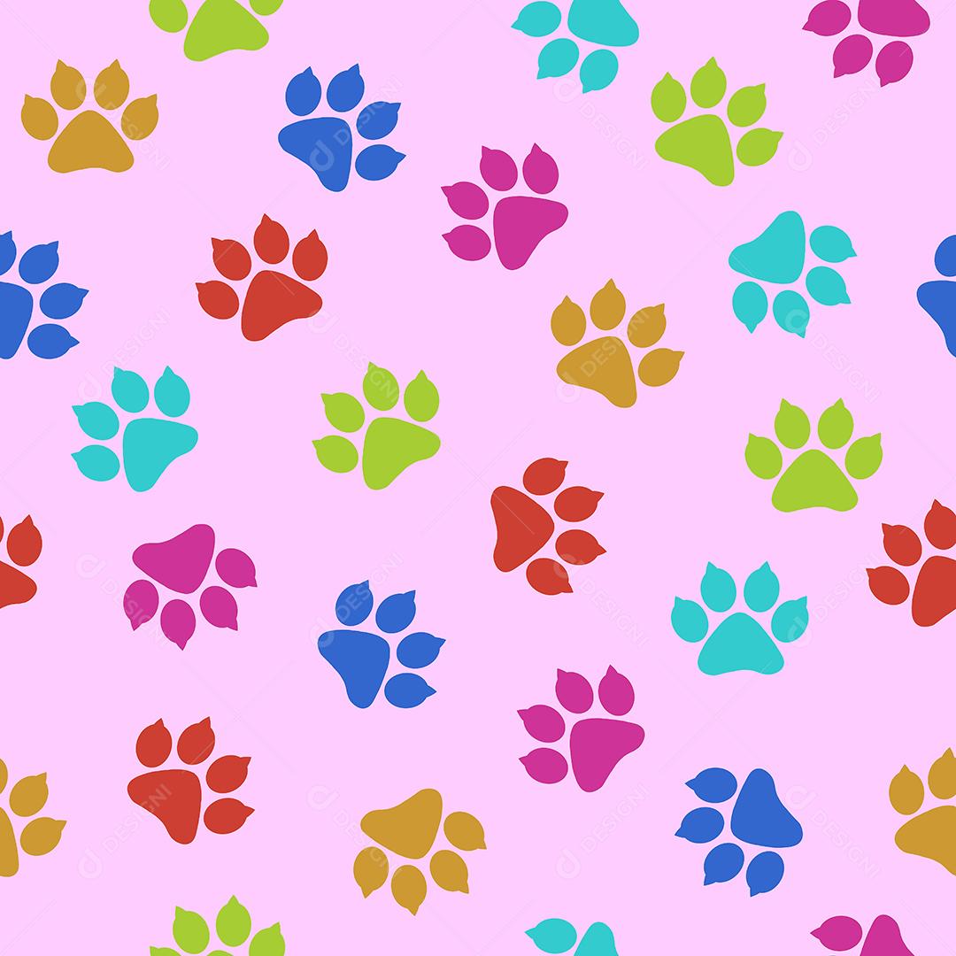 Pattern padrão patinhas de felino pegadas coloridas em fundo rosa