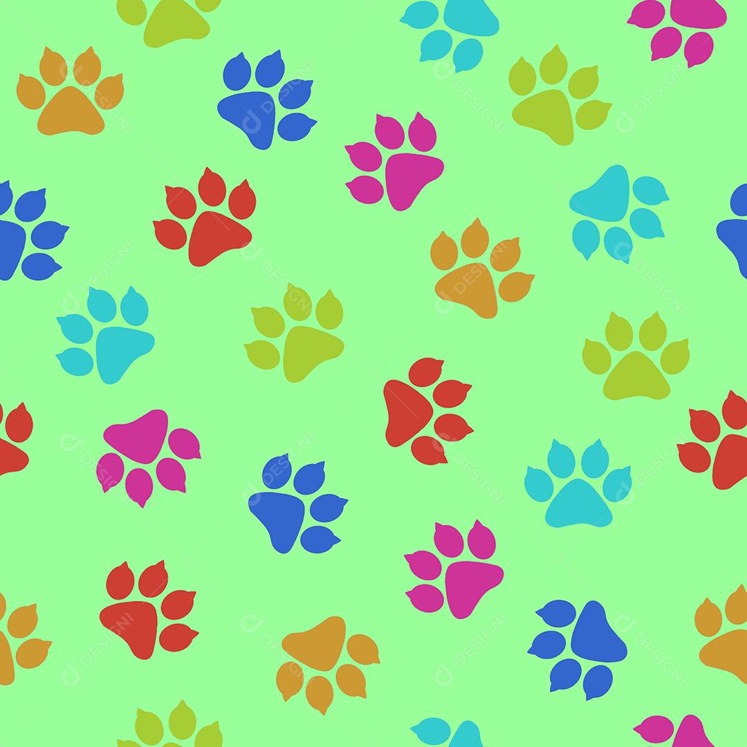 Pattern padrão patinhas de felino pegadas coloridas em fundo verde claro