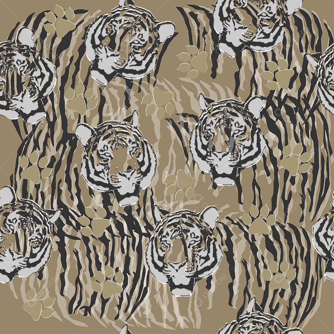 pattern padrão estampa padrão de tigres em grupo com fundo marrom claro