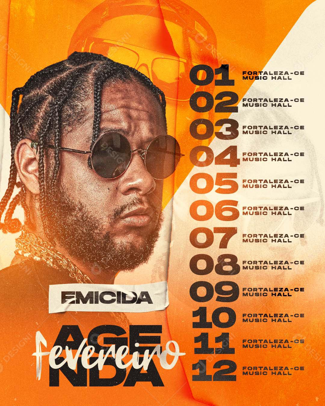 Social Media Emicida Agenda Fevereiro Rap Flyers PSD Editável