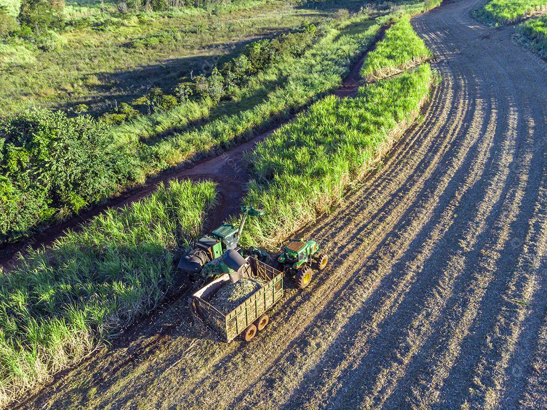 Fotos Tratores agrícolas trabalhando na vista aérea da plantação de colheita de cana de açúcar