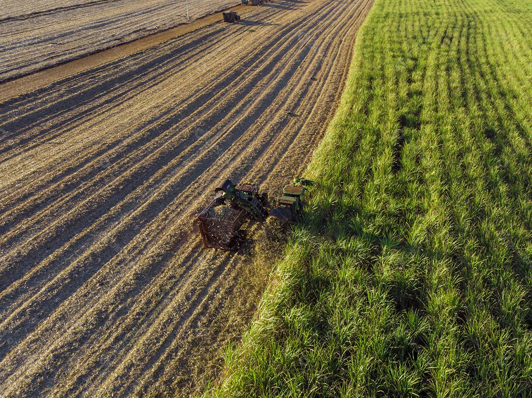 Fotos Tratores agrícolas trabalhando vista aérea da plantação colheita de cana-de-açúcar