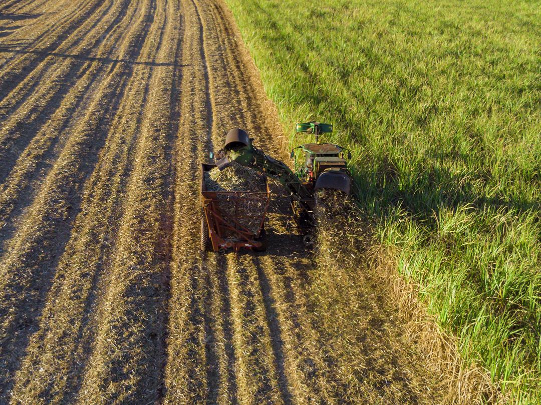Fotos Tratores agrícolas trabalhando vista aérea da plantação colheita de cana-de-açúcar