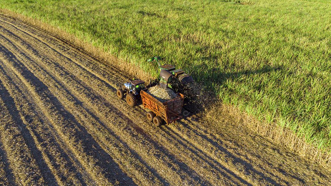 Fotos Tratores agrícolas trabalhando vista aérea da plantação colheita de cana-de-açúcar