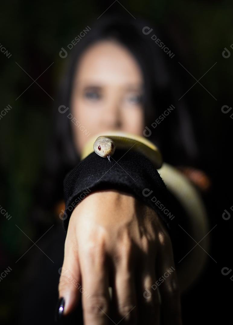 Modelo japonês em ensaio com cobra no estúdio fotográfico Imagem JPG
