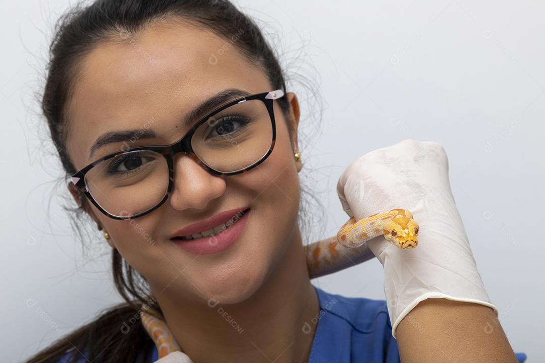Médico veterinário examinando uma cobra python molurus albino Imagem JPG