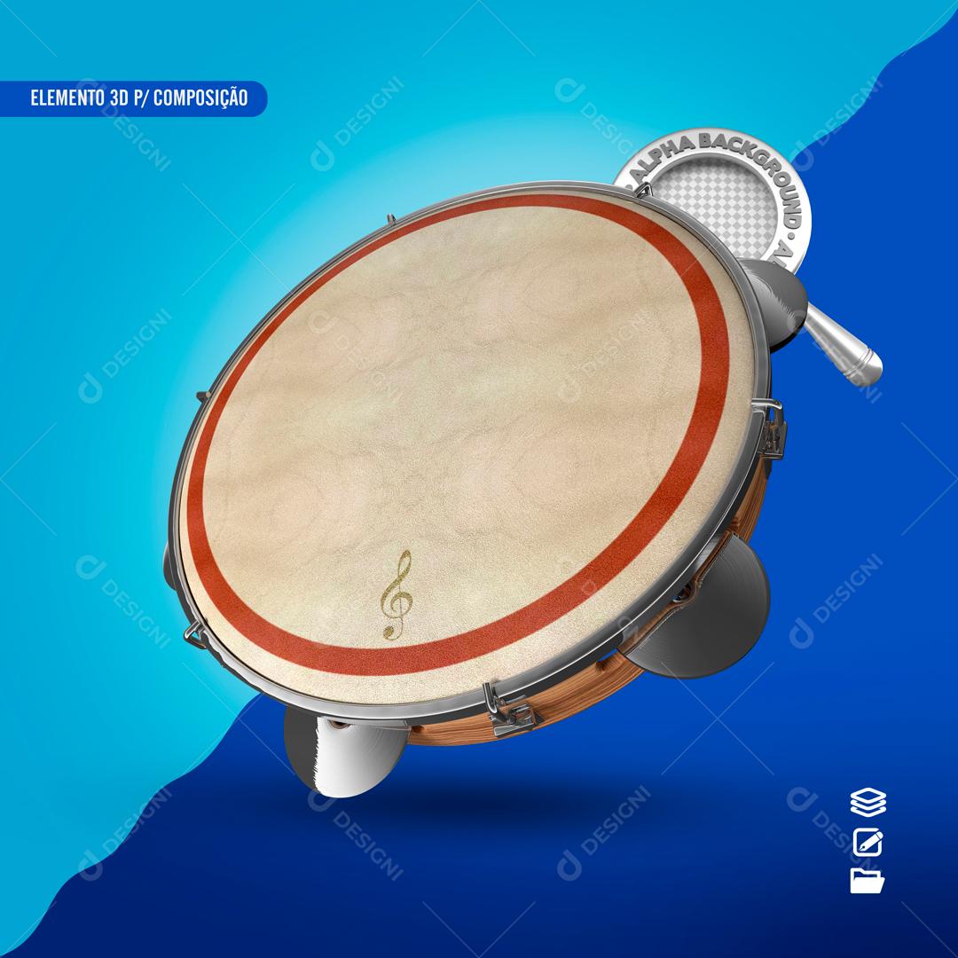 Elemento 3D Para Composição Pandeiro Transparente PSD Editável