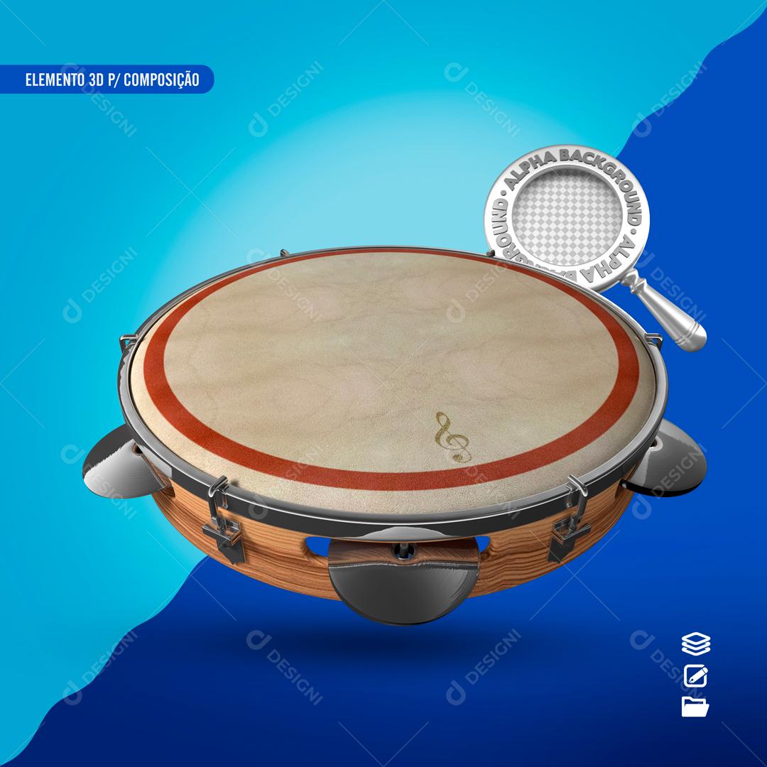Elemento 3D Para Composição Pandeiro Transparente PSD Editável