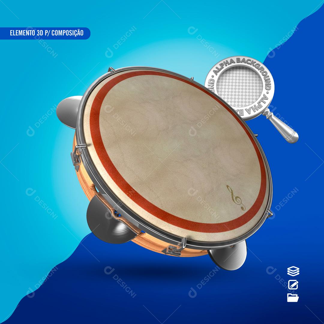 Elemento 3D Para Composição Pandeiro Transparente PSD Editável