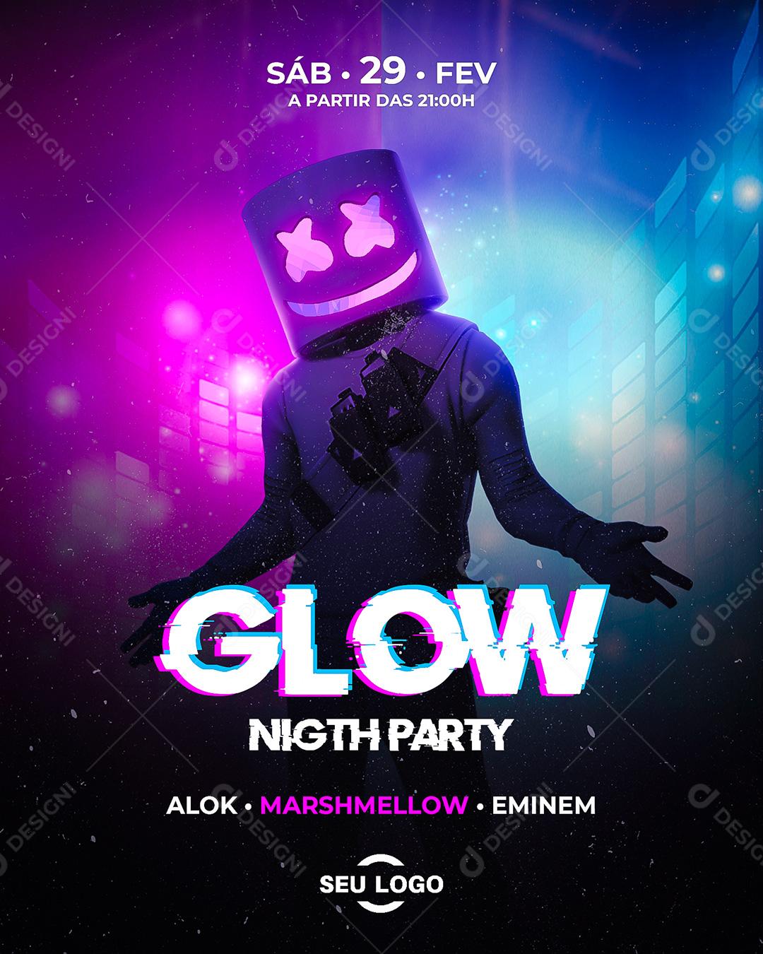 Flyer Show Glow Nigth Party Musica Eletrônica Social Media PSD Editável