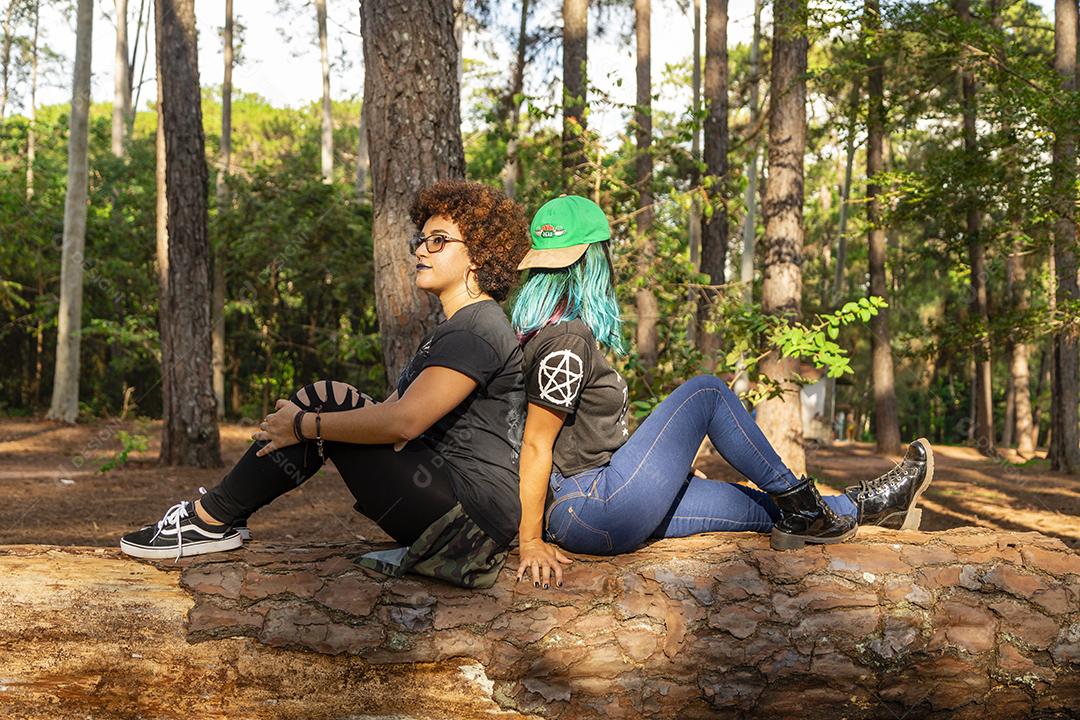 Casal de namoradas lésbicas em um lindo dia ensolarado no parque.Imagem JPG