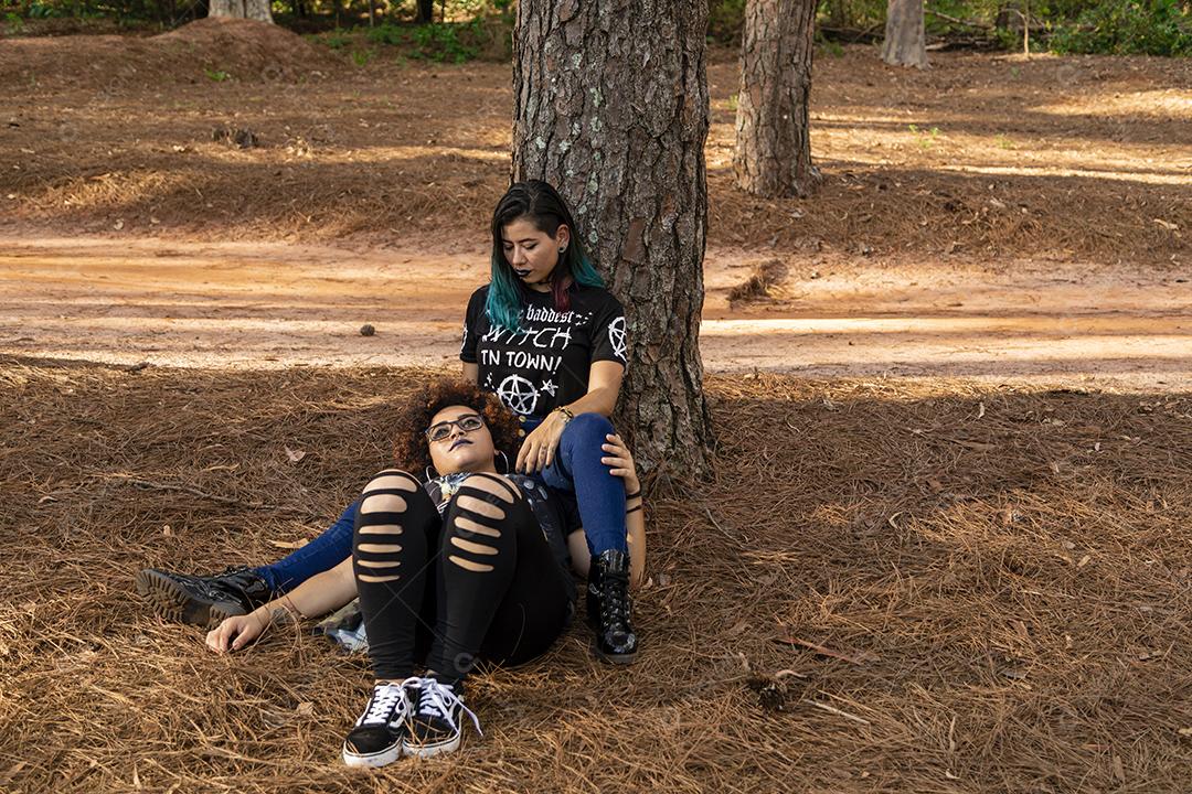 Casal de namoradas lésbicas em um lindo dia ensolarado no parque.Imagem JPG