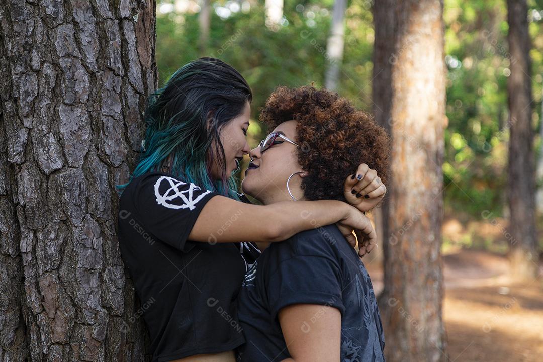 Casal de namoradas lésbicas em um lindo dia ensolarado no parque.Imagem JPG