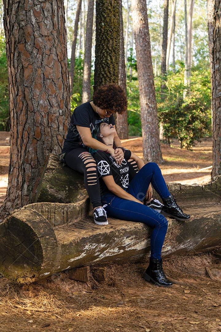 Casal de namoradas lésbicas em um lindo dia ensolarado no parque.Imagem JPG