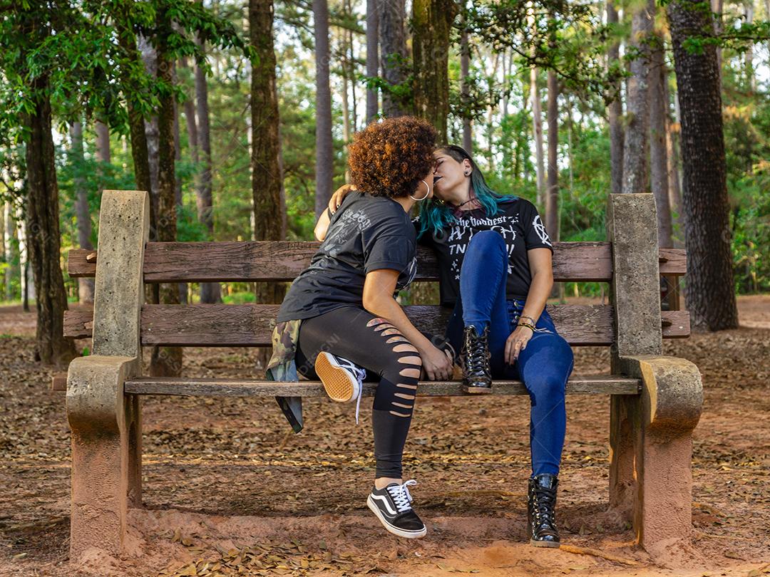 Casal de namoradas lésbicas em um lindo dia ensolarado no parque.Imagem JPG