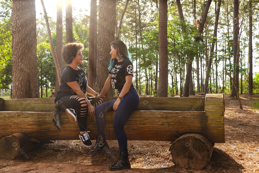 Casal de namoradas lésbicas em um lindo dia ensolarado no parque.Imagem JPG