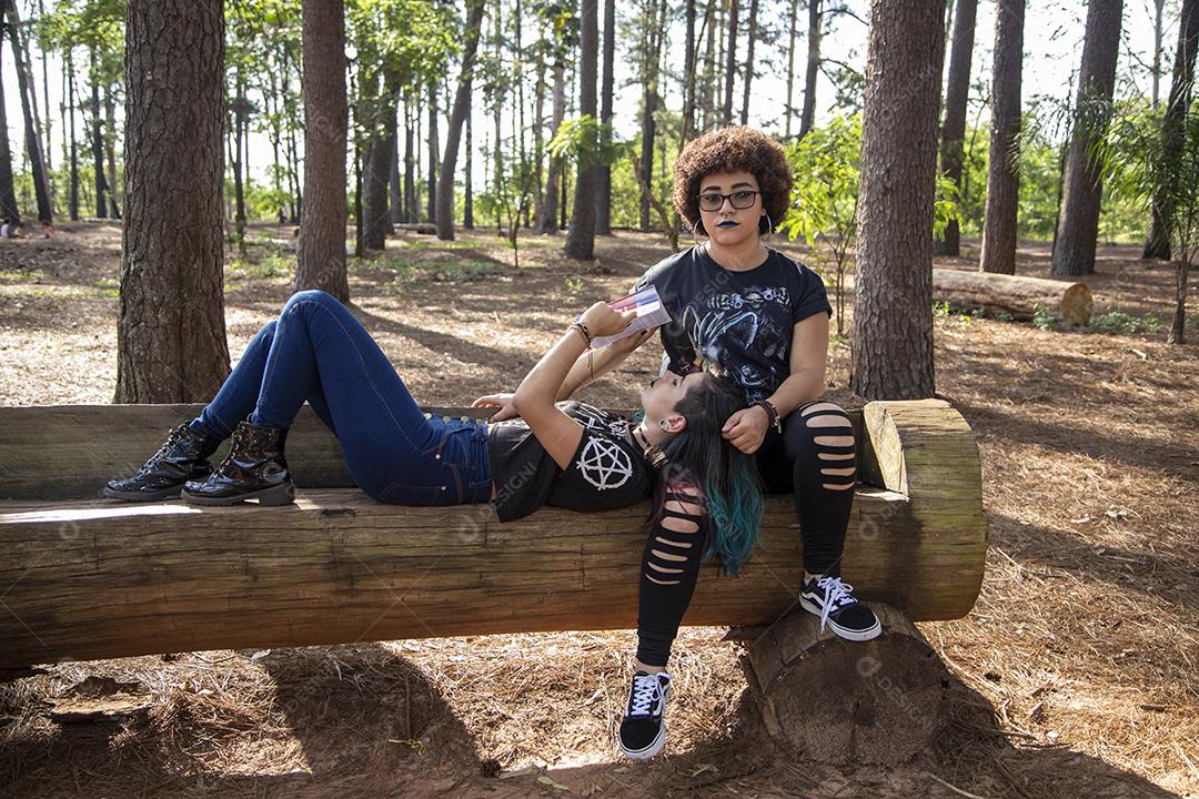 Casal de namoradas lésbicas em um lindo dia ensolarado no parque.Imagem JPG