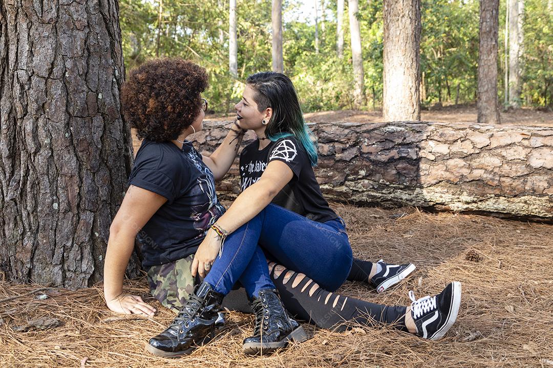 Casal de namoradas lésbicas em um lindo dia ensolarado no parque.Imagem JPG
