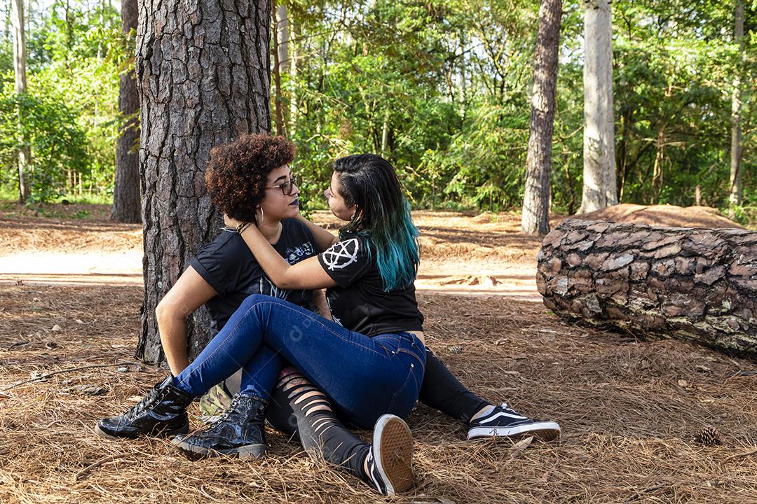 Casal de namoradas lésbicas em um lindo dia ensolarado no parque.Imagem JPG