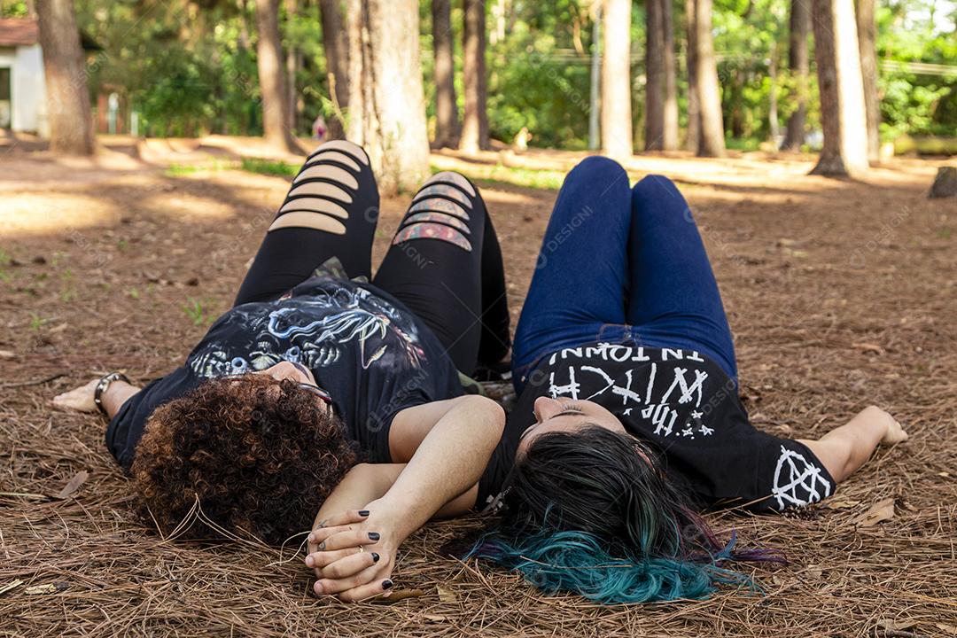 Casal de namoradas lésbicas em um lindo dia ensolarado no parque.Imagem JPG