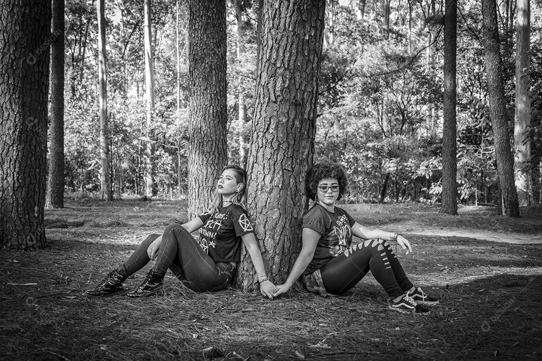 Casal de namoradas lésbicas em um lindo dia ensolarado no parque.Imagem JPG