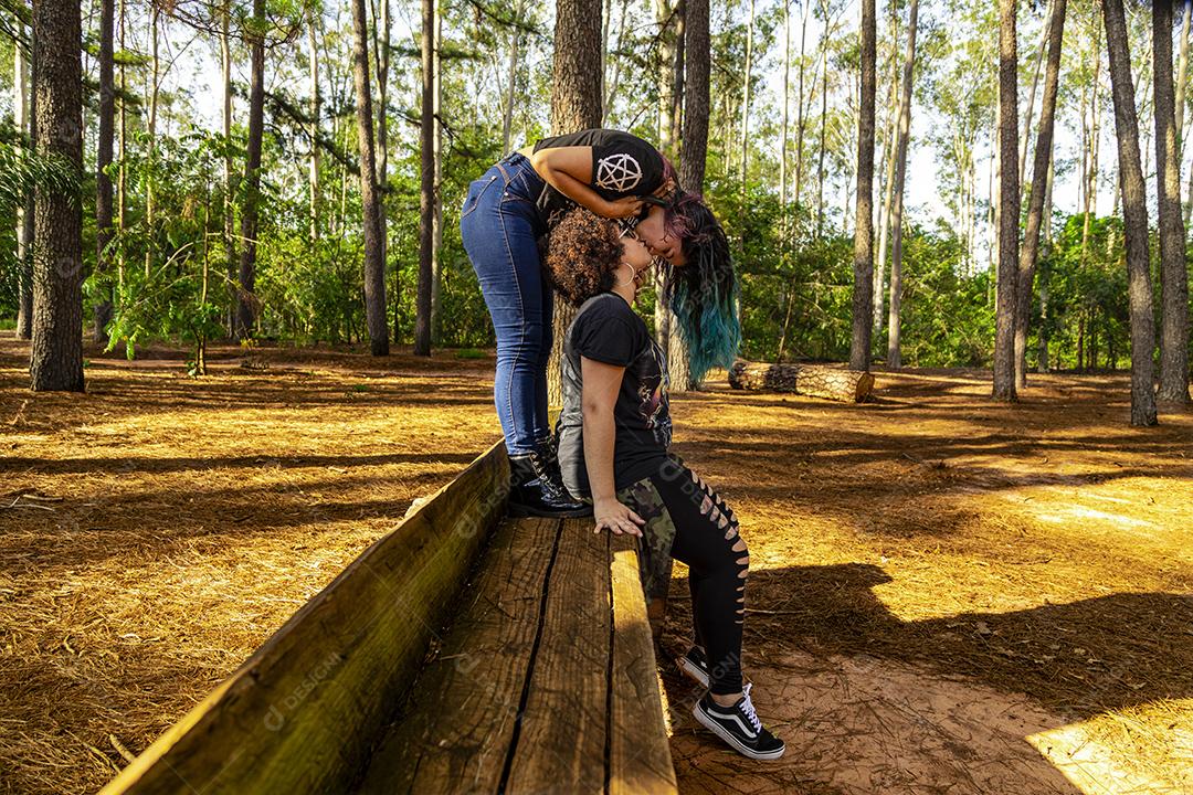 Casal de namoradas lésbicas em um lindo dia ensolarado no parque.Imagem JPG