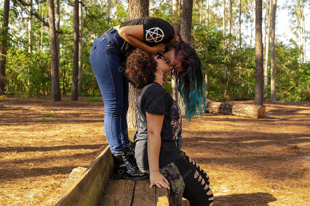 Casal de namoradas lésbicas em um lindo dia ensolarado no parque.Imagem JPG