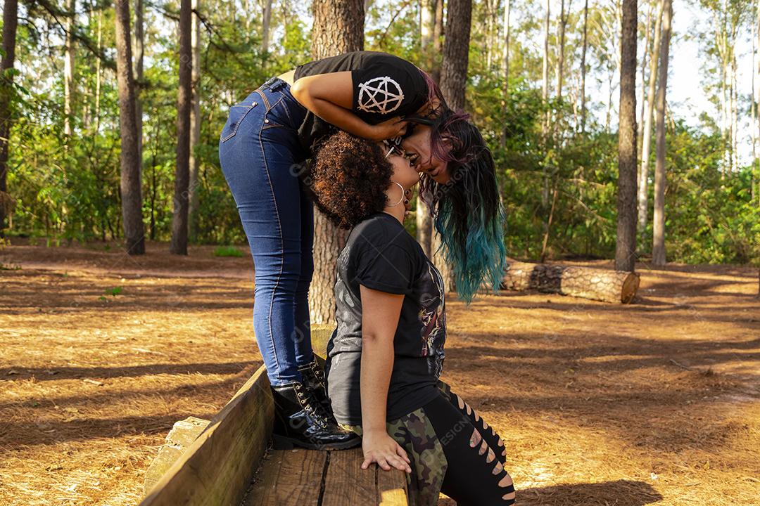 Casal de namoradas lésbicas em um lindo dia ensolarado no parque.Imagem JPG