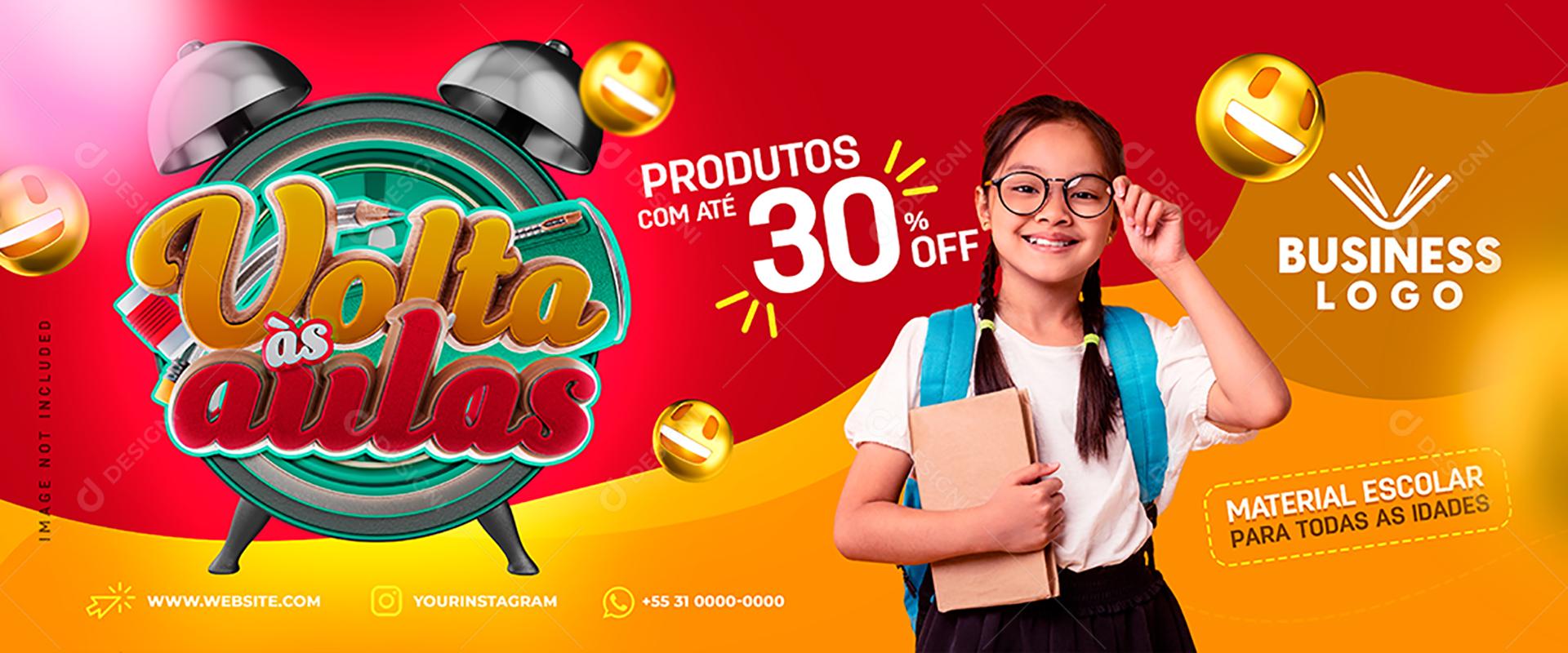 Social Media Volta Ás Aulas Produtos Em Até 30% BannerPSD Editável