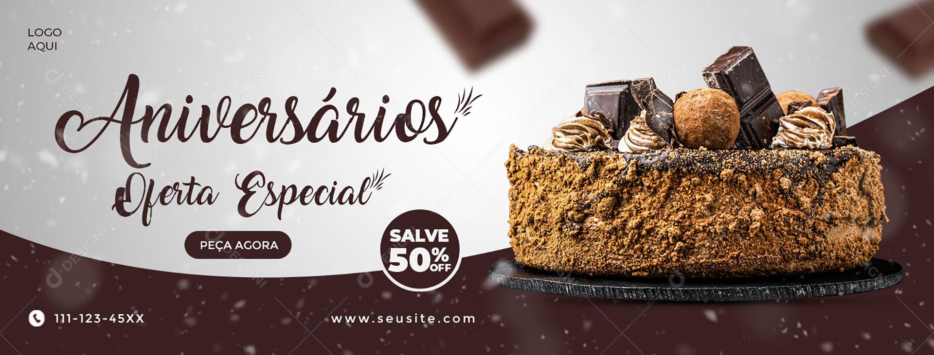 Social Media Banner Aniversários Oferta Especial 50% De Desconto Confeitaria PSD Editável