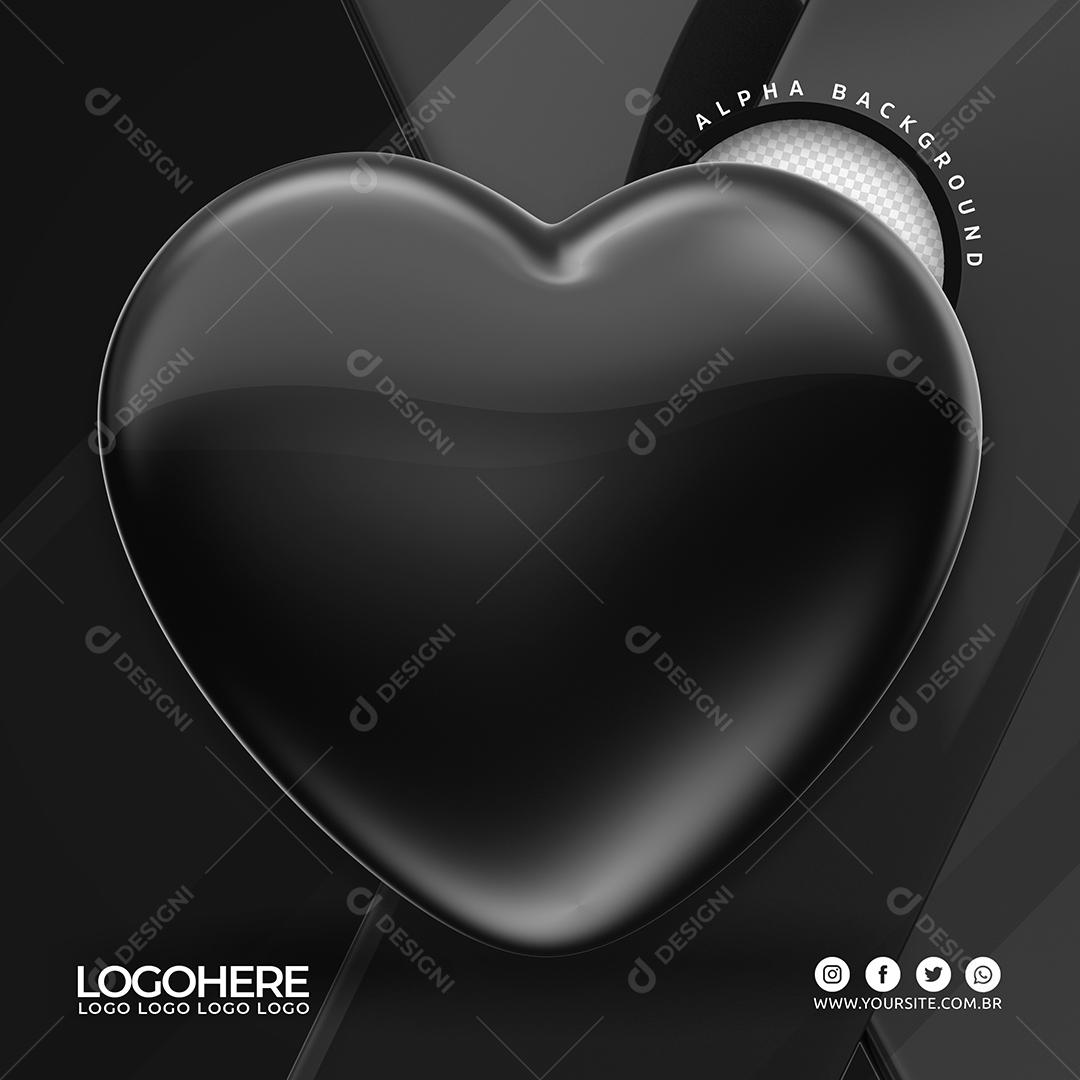 Elemento 3D Coração Preto Luto Para Composição PSD Premium