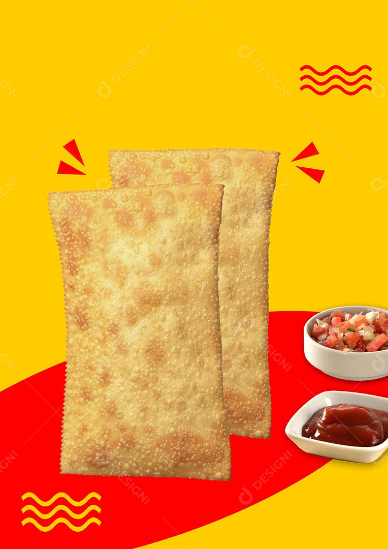ilustração de pasteis fritos com molhos em fundo  amarelo