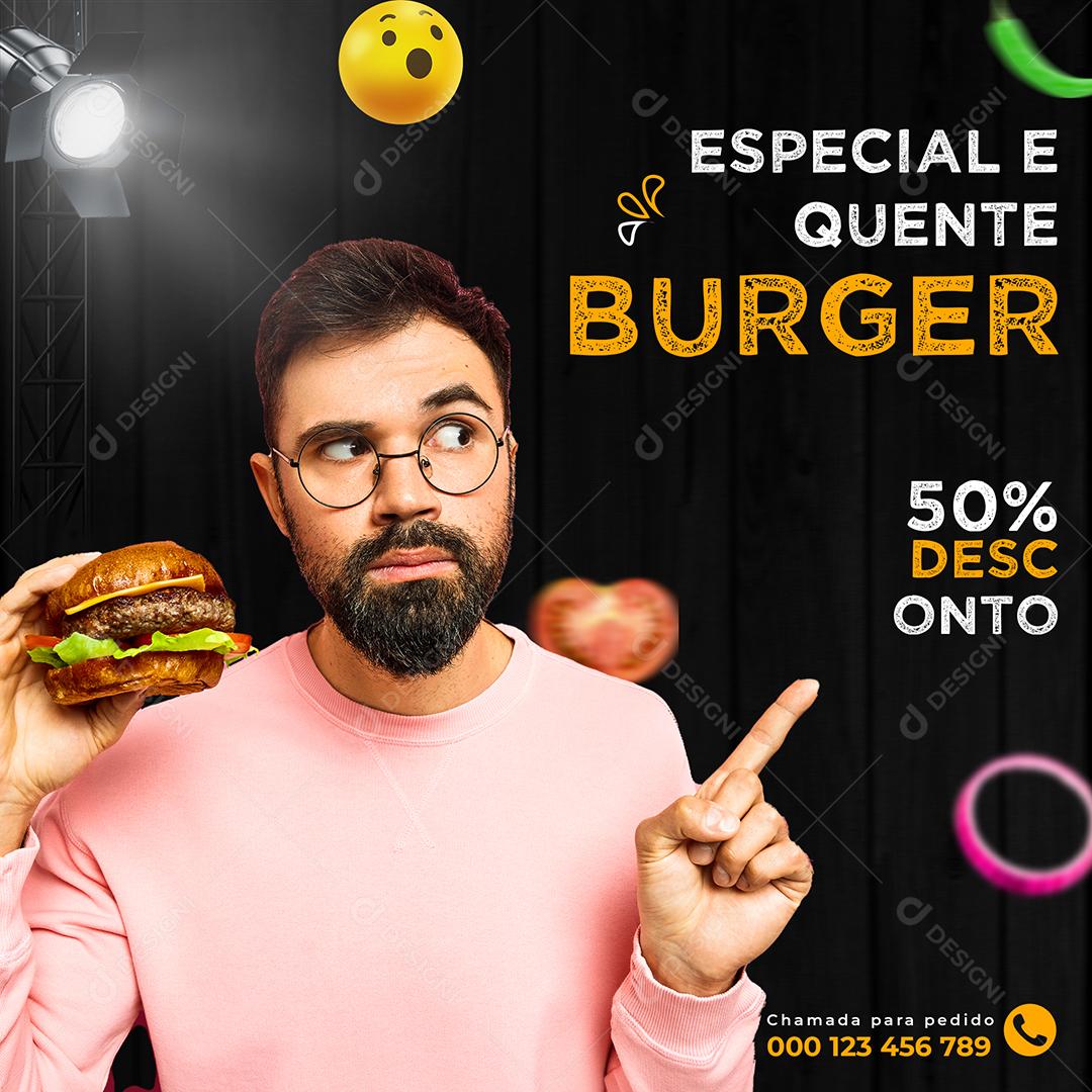 Social Media Especial e Quente Burger 50% de Desconto PSD Editável