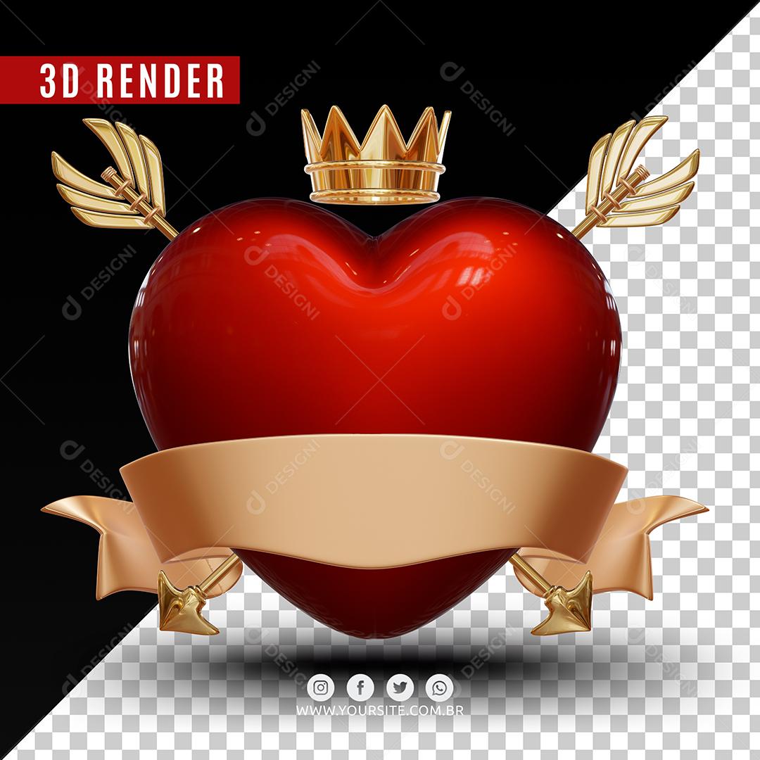 Selo 3D Coração Com Coroa Para Composição PSD Premium